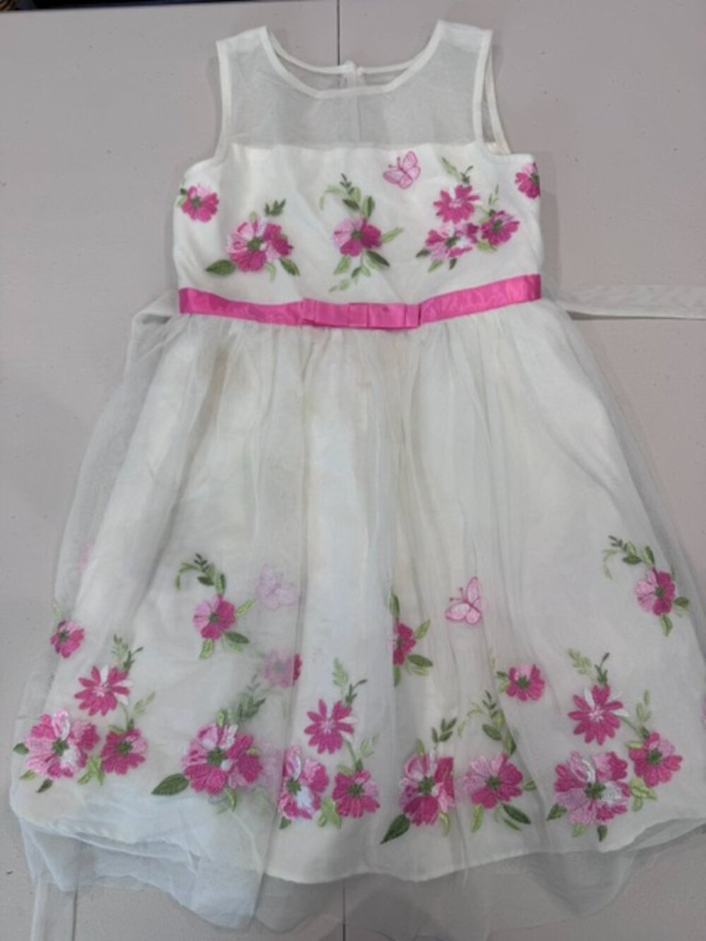 White and Pink Embroidered Flower Dress - Girls 8